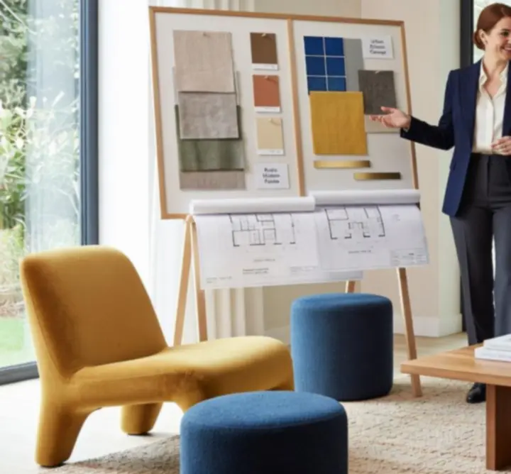 Design consultation in progress reviewing home and office layouts.