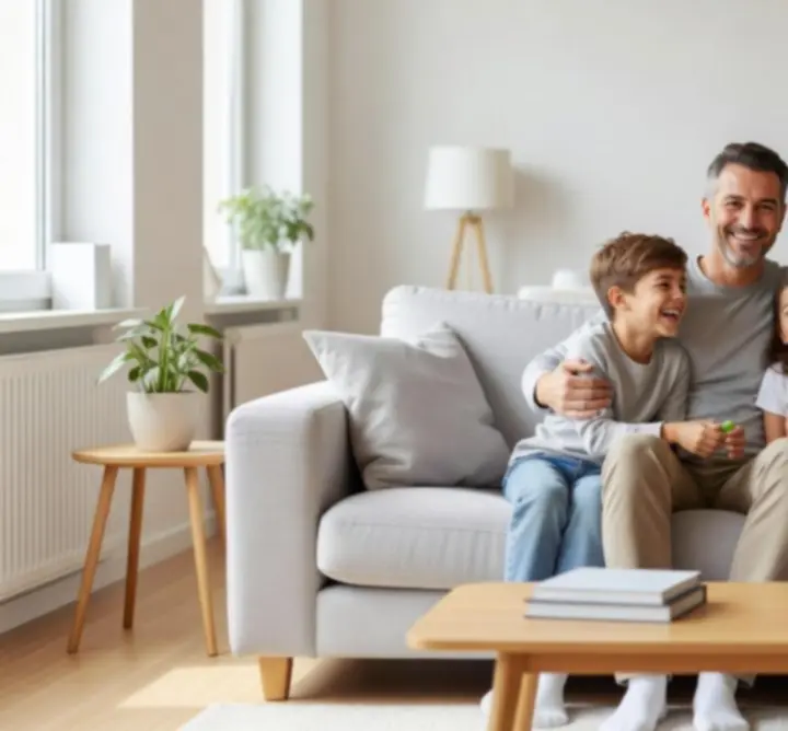 A relaxed family spending time together in a tidy home.