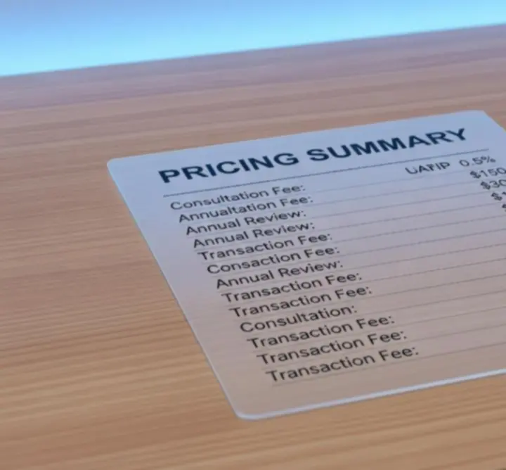 Desk with a clear pricing summary displayed on a screen