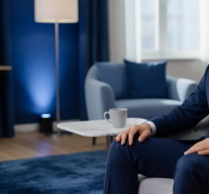A young professional speaking on camera during a testimonial recording.